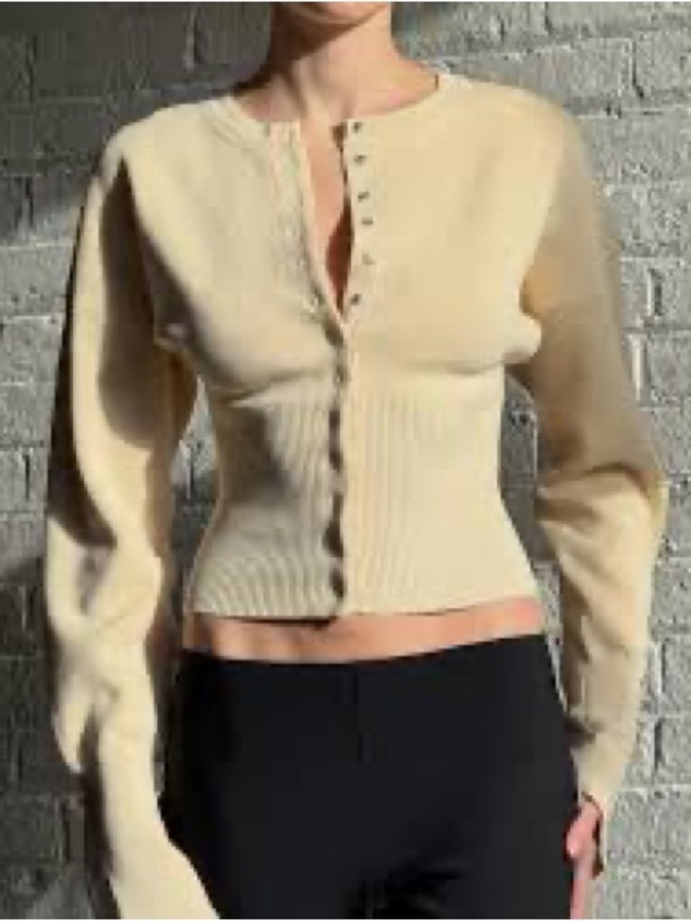 Cream Button-Front Ribbed Waist Knit Top - Picture 2 of 16
